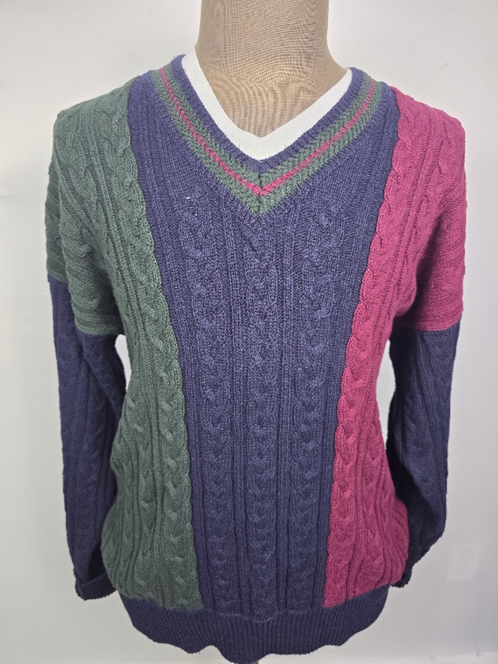 Vintage 90s Roundtree & Yorke Colorblock Cable Knit Sweater V-Neck Mens XL